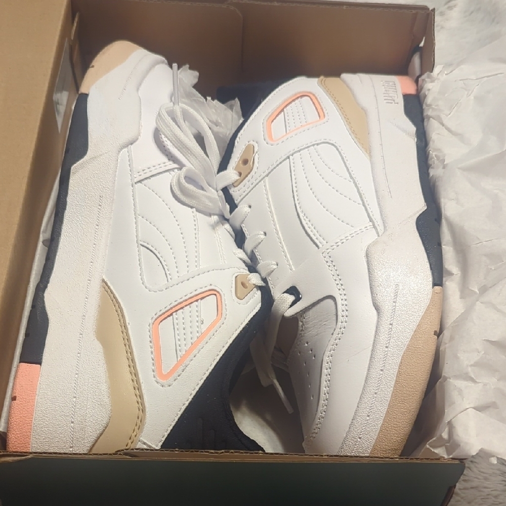 White and Beige Sneakers with Pink Accents